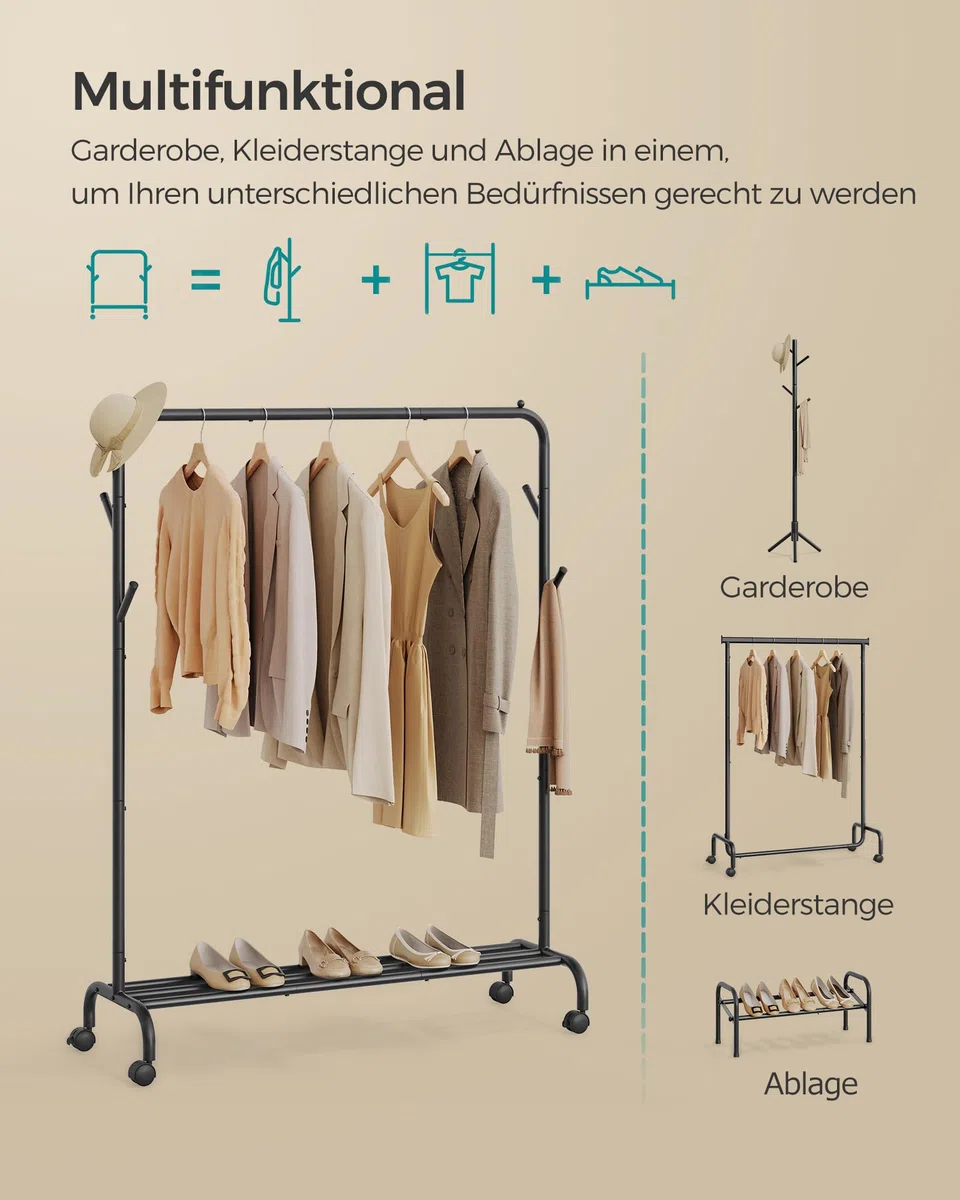 SONGMICS Kleiderständer auf Rollen, Kleiderstange, Garderobenstange, Garderobenständer aus Stahlrohren, bis 50 kg belastbar, 103,5 cm breit, multifunktionale Aufbewahrung, schwarz HSR131B01
