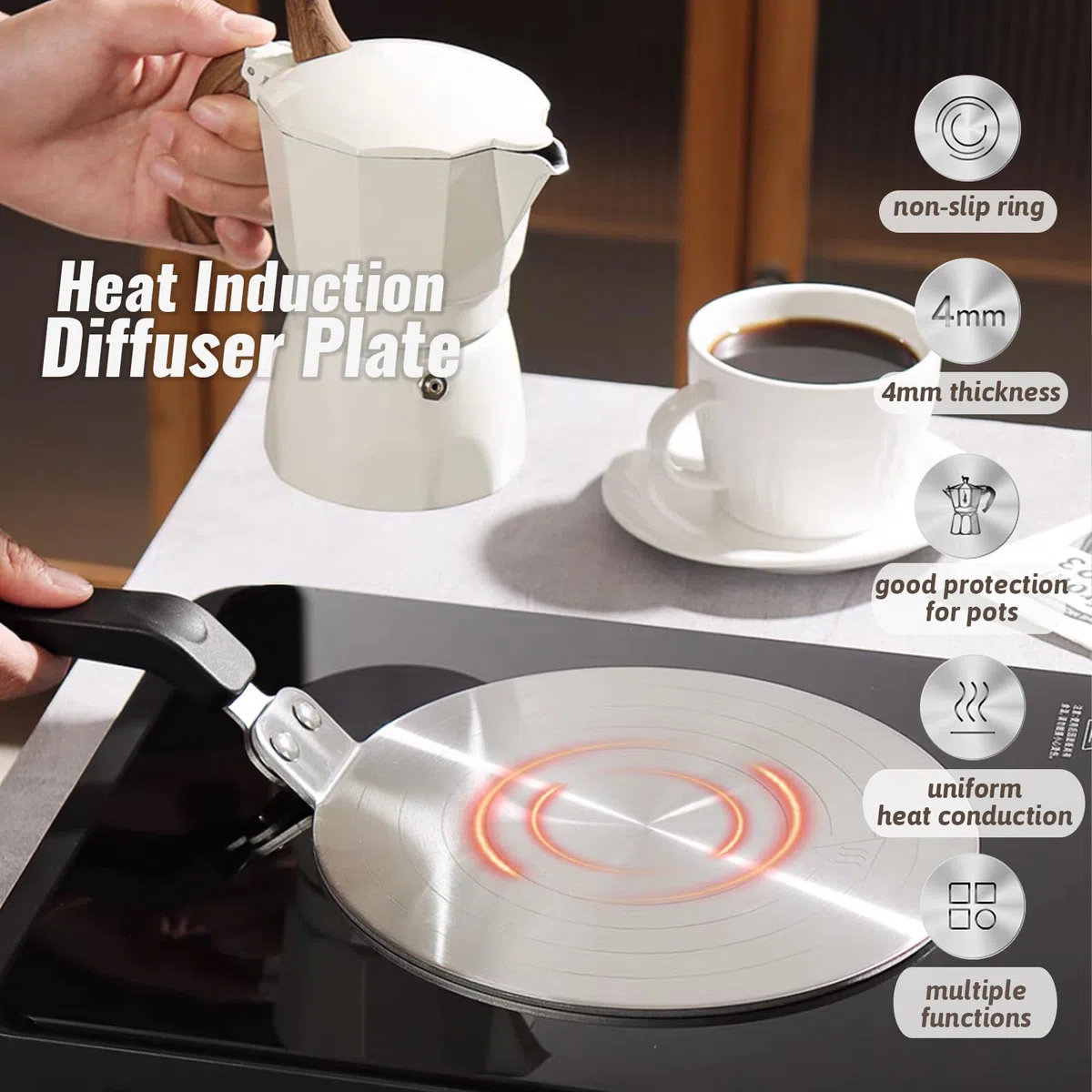 Universal Induktion Adapterplatte Ø 20 cm, Kleine Induktionsadapter mit Wärmeisolierunggriff aus Edelstahl für Moka Töpfe, Wärme Diffusor Kochen Induktion Adapter