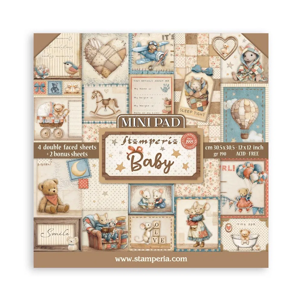 Stamperia - Mini Pad for Scrapbooks, Albums, Cards, Bullet Journals and More, Acid Free, Double-Sided, Perfect for Hobbies, Crafts, and Gifting (6 Sheets) (Baby) (30.5 x 30.5cm)