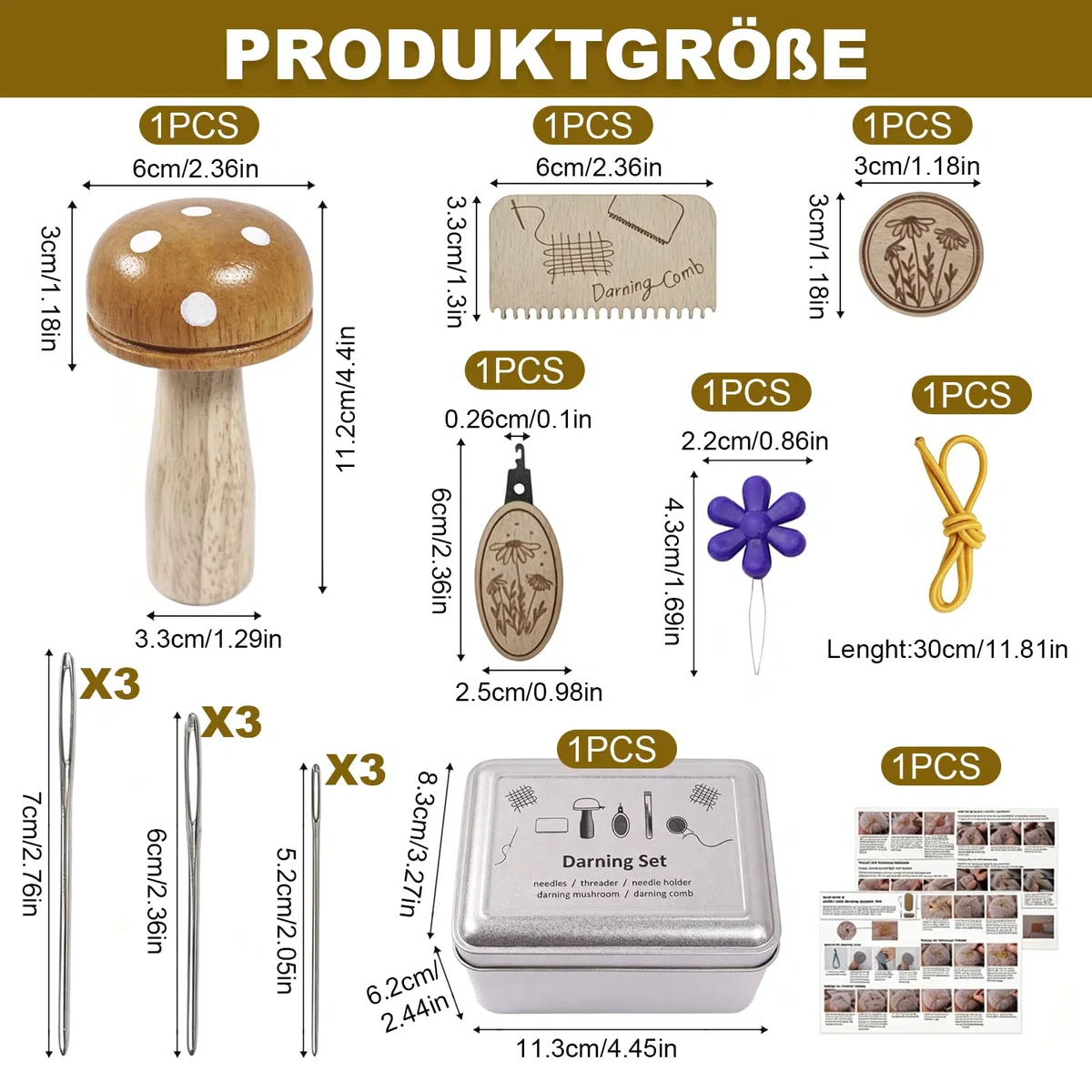 Stopfpilz Set Aus Holz Webernadel Mit Kugelspitze Pilzform Mit 9 Nähnadeln Und 2 Nadeleinfädler Holzwerkzeug Stopfpilz Mit Etui Für Nadeln Für DIY Handnähen, Socken, Stricken, Kleidung, Schals