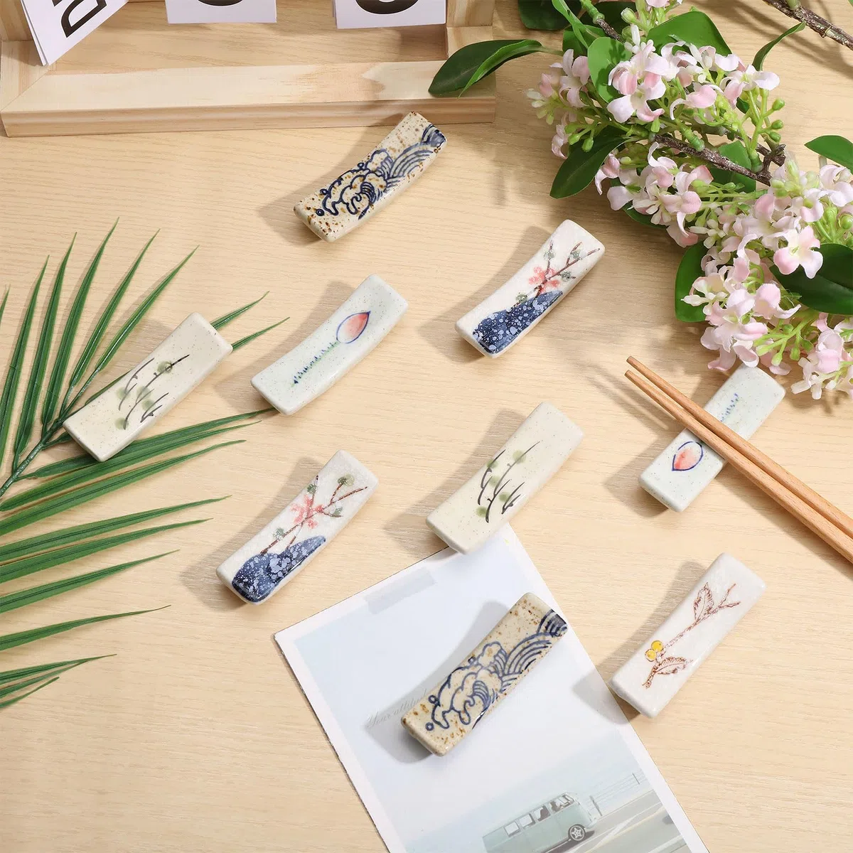 GLOBLELAND 10 Stück Keramik Stäbchen Halter Rechteckiger Japanischer Essstäbchen Halterung Lotus Wellen Niedliche Essstäbchen-Ablage Für Essstäbchen Dinner Party Restaurant