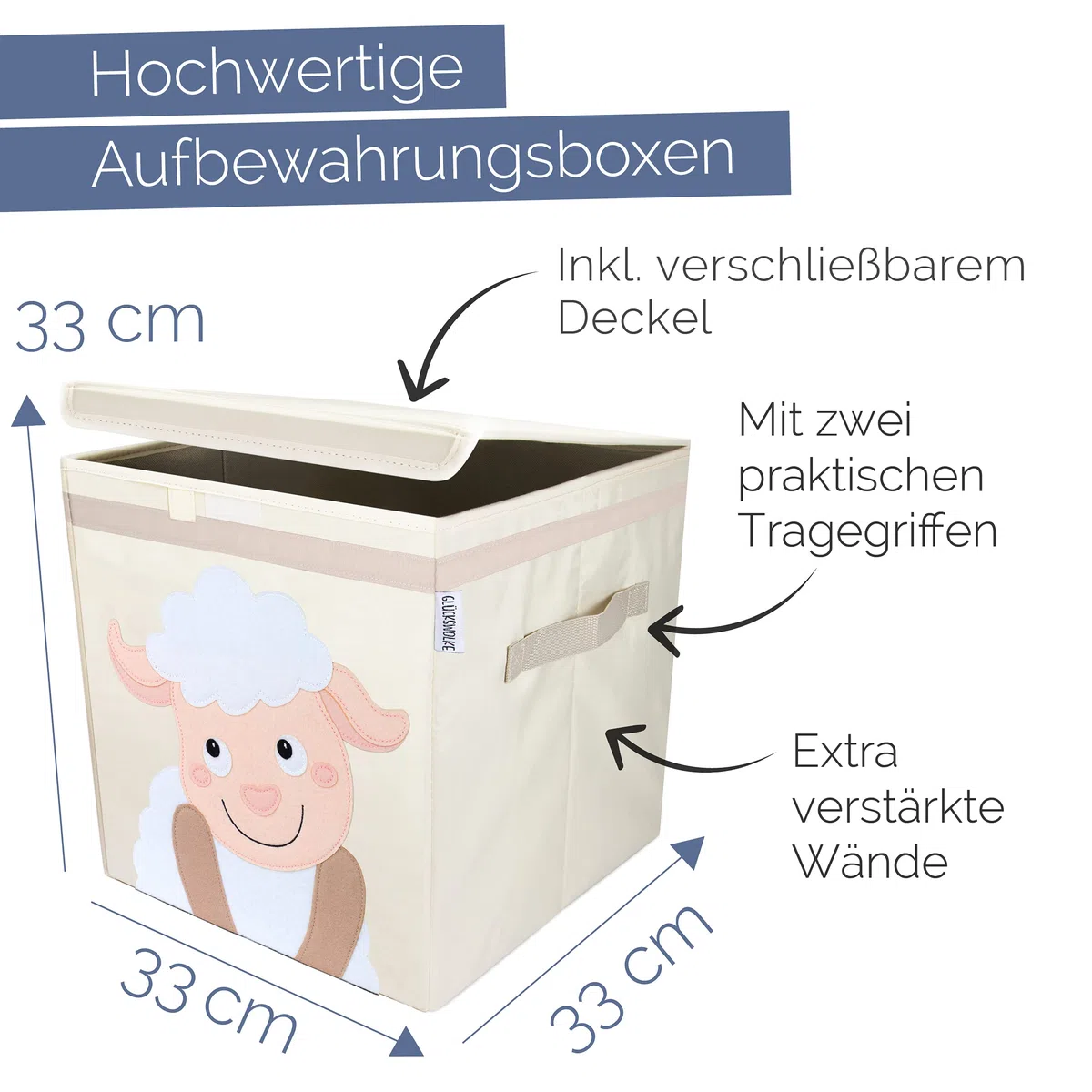 GLÜCKSWOLKE Kinder Aufbewahrungsboxen - 15 Motive I Spielzeugkiste Kinderzimmer I Spielzeug Boxen & Kisten (33x33x33) zur Aufbewahrung im Kallax Regal I Bauernhof-Tiere Schaf