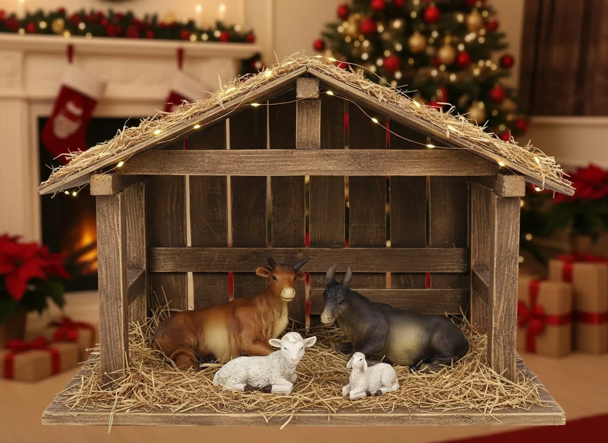 ELLUG Krippenfiguren Tiere 4er Set Ochse, Esel, Schaf, Lamm als Ersatzfiguren Tierfiguren Krippenzubehör Weihnachtskrippe max. H.: 7,5cm / max. L.: 10cm