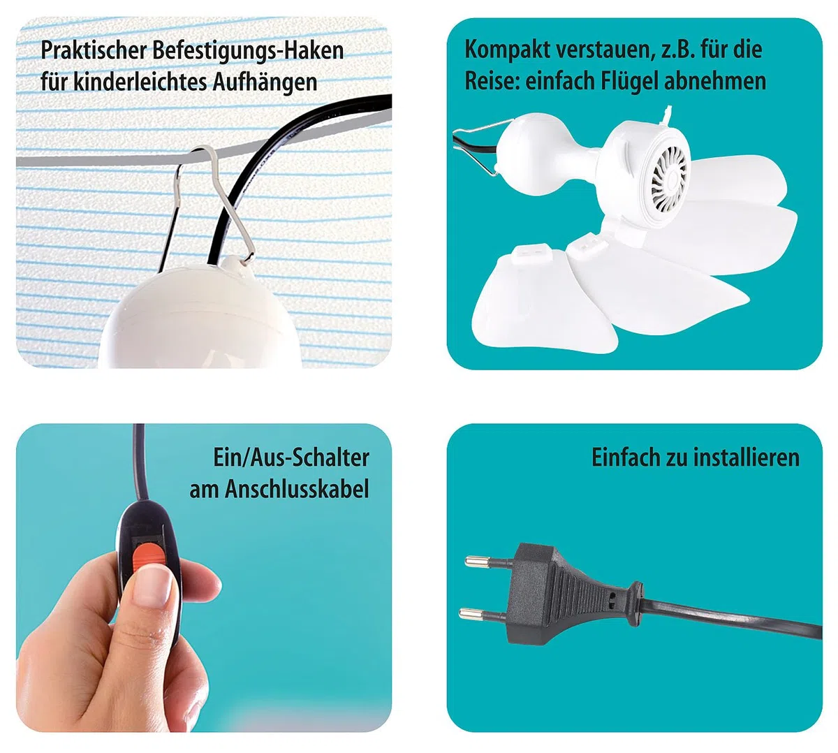Sichler Haushaltsgeräte Mobiler Deckenventilator: Mobiler Decken-Ventilator VT-151.D mit Aufhänger, 54 cm, 12 W (Reiseventilator)