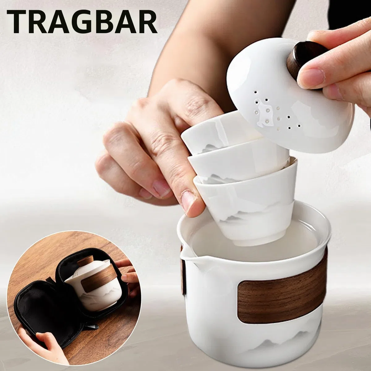 Chinesisches Gongfu-Tee-Set aus Porzellan, tragbares Keramik-Teekannen-Set, tragbare All-in-One-Mini-Reisetasche für Reisen, Zuhause, Geschenk, Outdoor-Camping, Picknick und Büro, Geschäft, Hotel