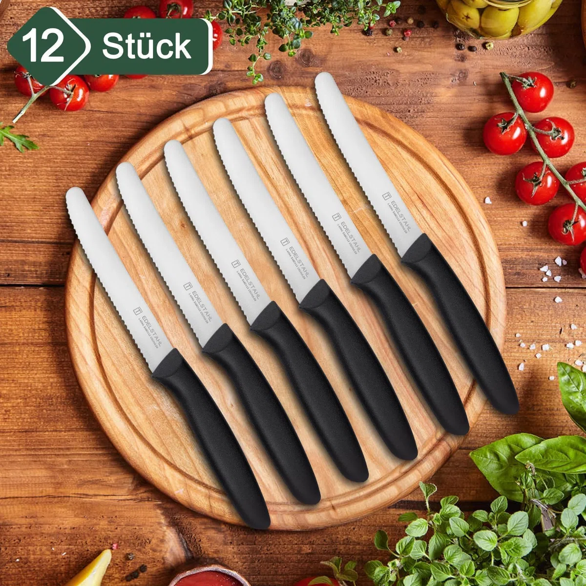 Frühstücksmesser 12 Stück,Tafelmesser mit Wellenschliff,Messer set aus Edelstahl,Brötchenmesser für Haus und Restaurant,Schwarz Tomatenmesser,Buttermesser,Tafelmesser,Spülmaschinenfest