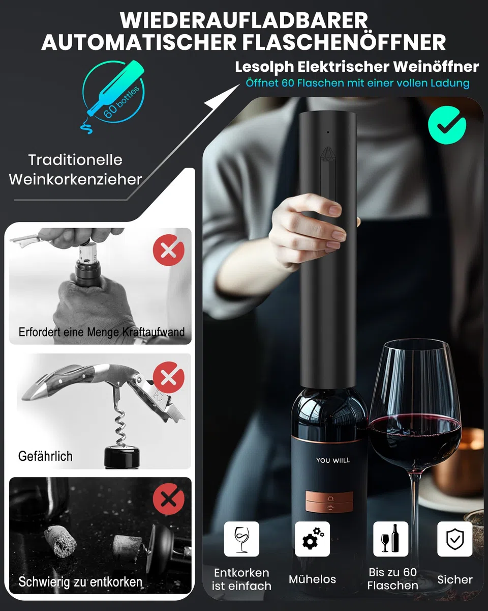 Elektrischer Korkenzieher Wein, Wiederaufladbarer Elektrischer Weinöffner Geschenk Set mit Flaschenöffner, Aufbewahrungsbasis, Weinausgießer, 2 Wein Vakuumpumpe, Kapselschneider und USB-Kabel