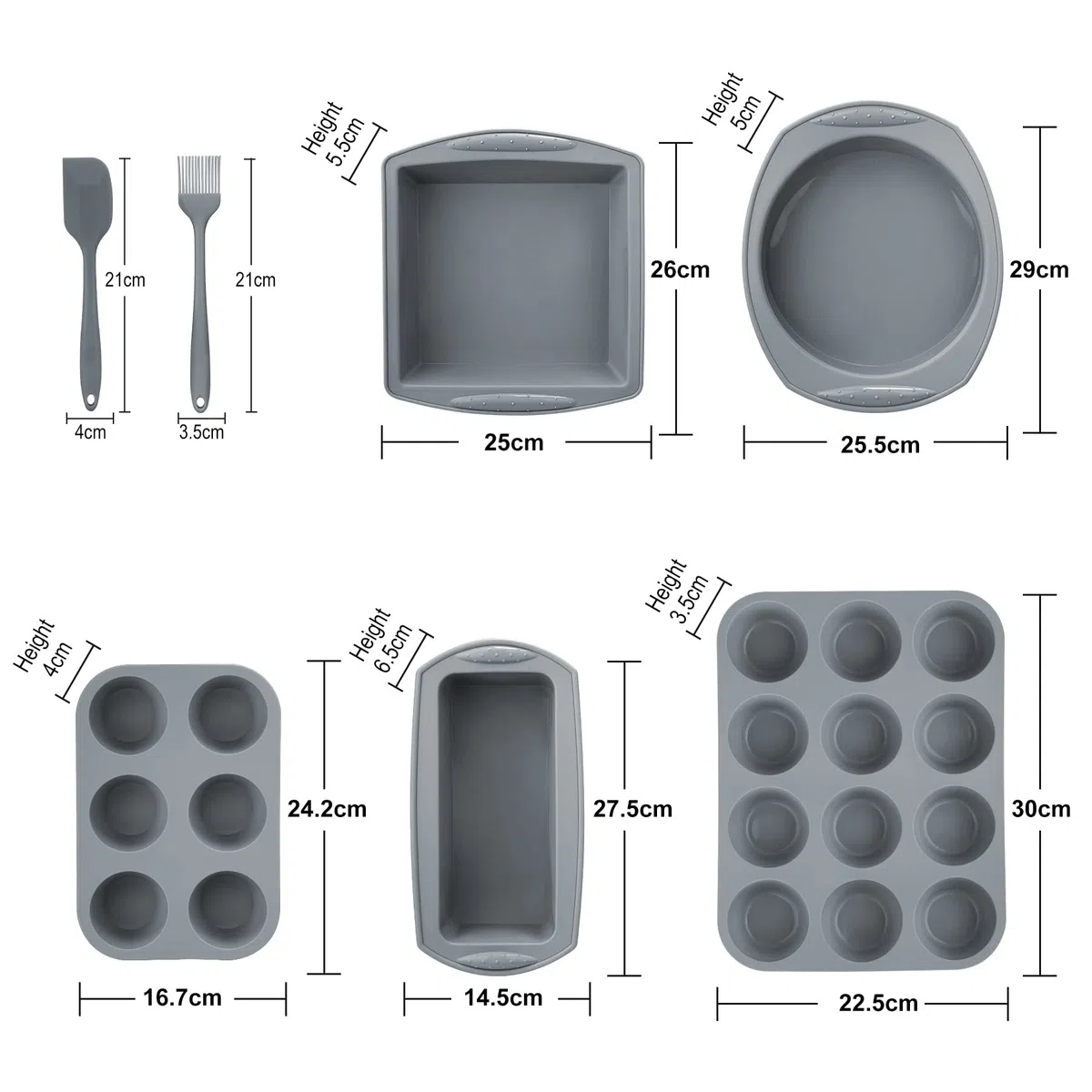 Aschef 12x Antihaft Silikon Backformen Brotbackform Kuchenform Muffinform mit Teigschaber Backpinsel Messlöffel Set, Hitzebeständige Backform für Backen Pizza Brot Kuchen Cupcake Muffin- Grau