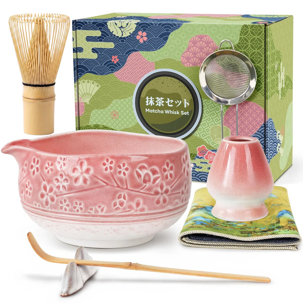 Matcha Set Rosa, 7 Teiliges Matcha Besen Set, Bambusbesen und Besenhalter, Keramik Matcha Schale, Sieb, Löffel und Halter zubehör, Japanisches Teezeremonie Set für Starter - Farbverlauf Pink