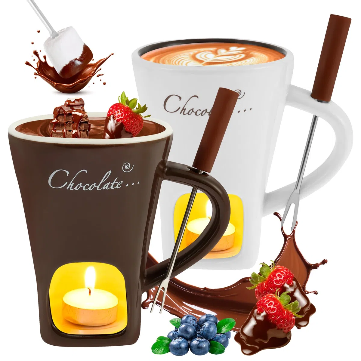 2 Stück Keramik Schokofondue Tasse,Becher zum Schmelzen von Schokolade mit Gabel,200ml Schokoladen Fondue Becher Set,Mehrzweck Schokoladenfondue Becher für Käse,Schokolade,Butter und Karamell