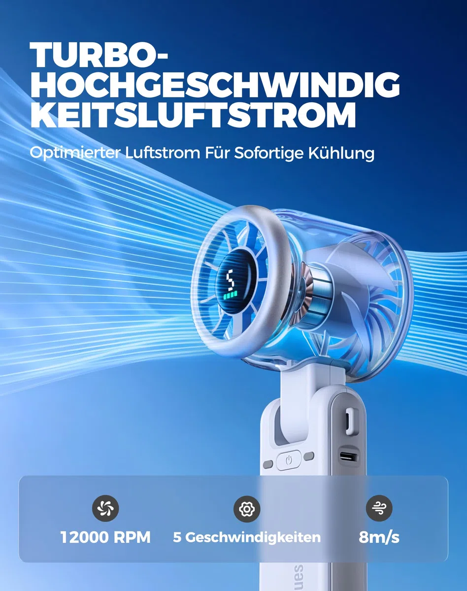 Diveblues Tragbarer Turbo Handventilator, 9m/s Hohe Geschwindigkeit, 5-stufiger Wind, wiederaufladbarer Akku, 3-in-1 Hand-, Hals- & Tischventilator, bis zu 12 Stunden, für Reisen, Büro & Outdoor