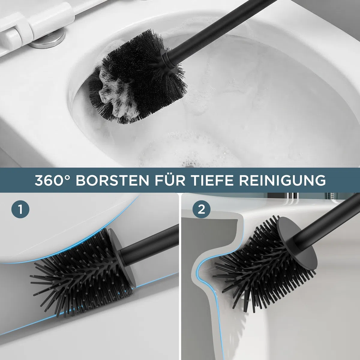FORIOUS Silikon Toilettenbürste aus Edelstahl, 50 cm Extra Langer Griff, Anti-Spritz Design, Inkl. Ersatzkopf & Abnehmbarem Innenbecher – Saubere, Hygienische WC Bürste/Klobürste Schwarz für Bad
