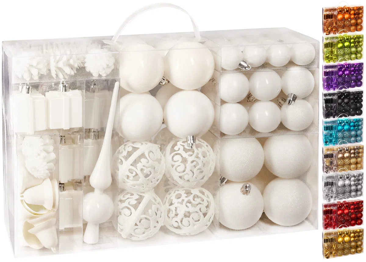 BRUBAKER 101-teiliges Set Weihnachtskugeln mit Baumspitze Creme Weiß Christbaumschmuck