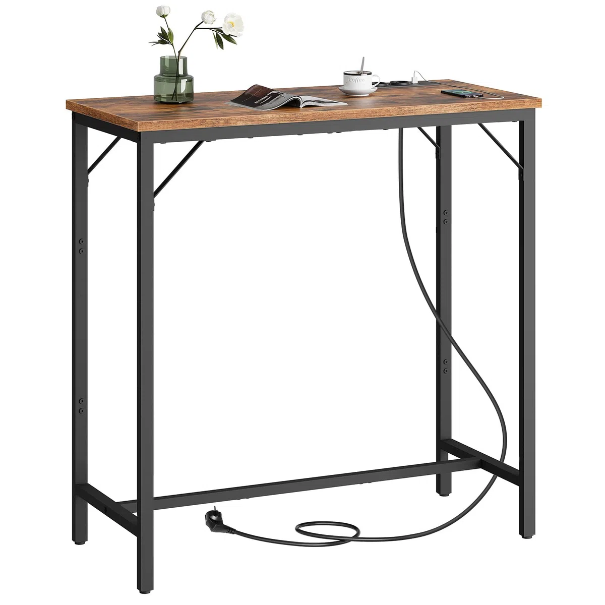 HOOBRO Bartisch mit Ladestation, Küchentisch, rechteckiger Stehtisch, untere Querstrebe, dreieckige Stützstruktur, Langer schmaler Bartisch, Vintage-Stil, rustikales Braun EBF90CBT01