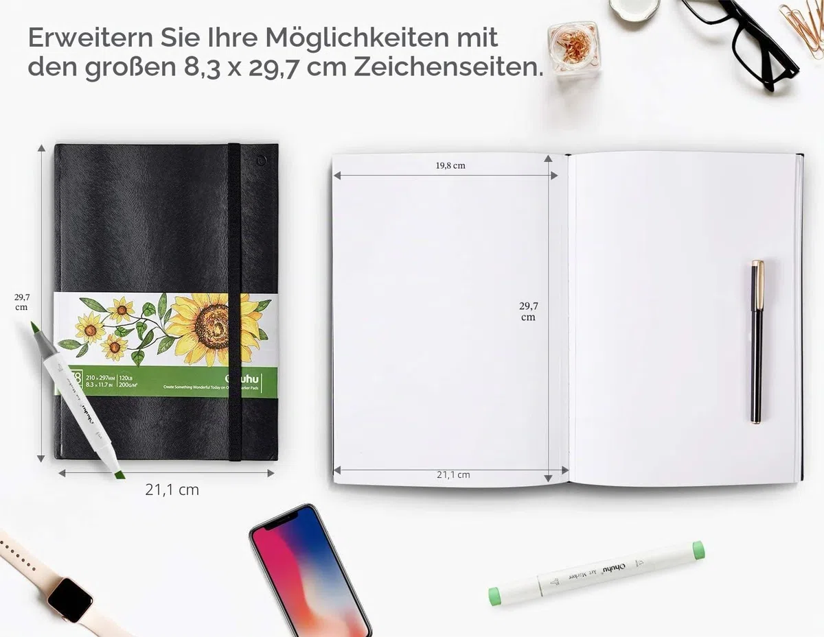 Ohuhu A4 Alkoholmarker Skizzenbuch - 200 g/m² säurefreies Papier, 156 Seiten (78 Blätter), 21x29,7 cm Hardcover mit Premium PU-Einband, Sketchbook für Aquarell, Marker & Illustration
