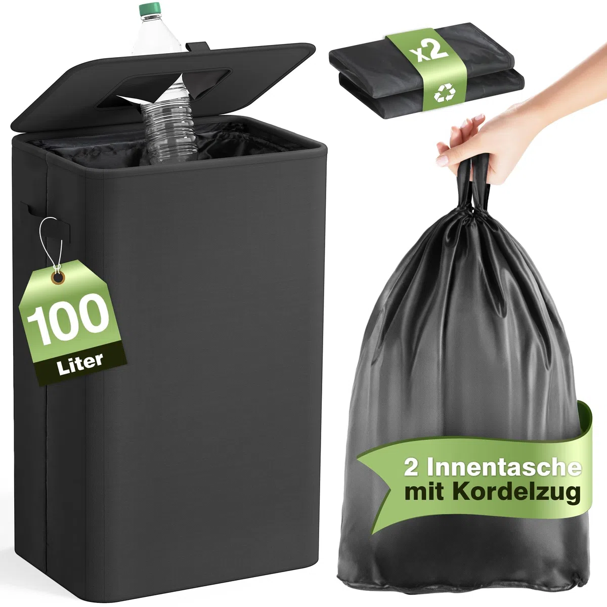 Bathola Pfandflaschen Sammelbehälter mit Deckel 100L, Groß Pfandflaschen Behälter mit 2 Tragetasche, Flaschensammler Leergut für Plastik- und Glasflaschen, Pfandbehälter mit Einwurf, Schwarz