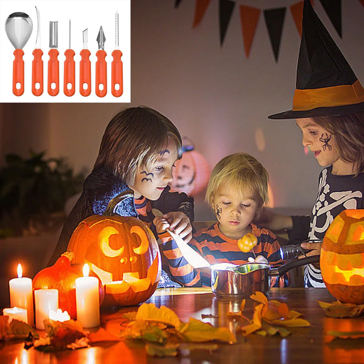 ANBOO Halloween Kürbis Schnitzset, Edelstahl Kürbis Schnitzwerkzeug, Kürbisschnitzset mit Tasche für DIY, Kinder Erwachsene und Familie 7 Stück