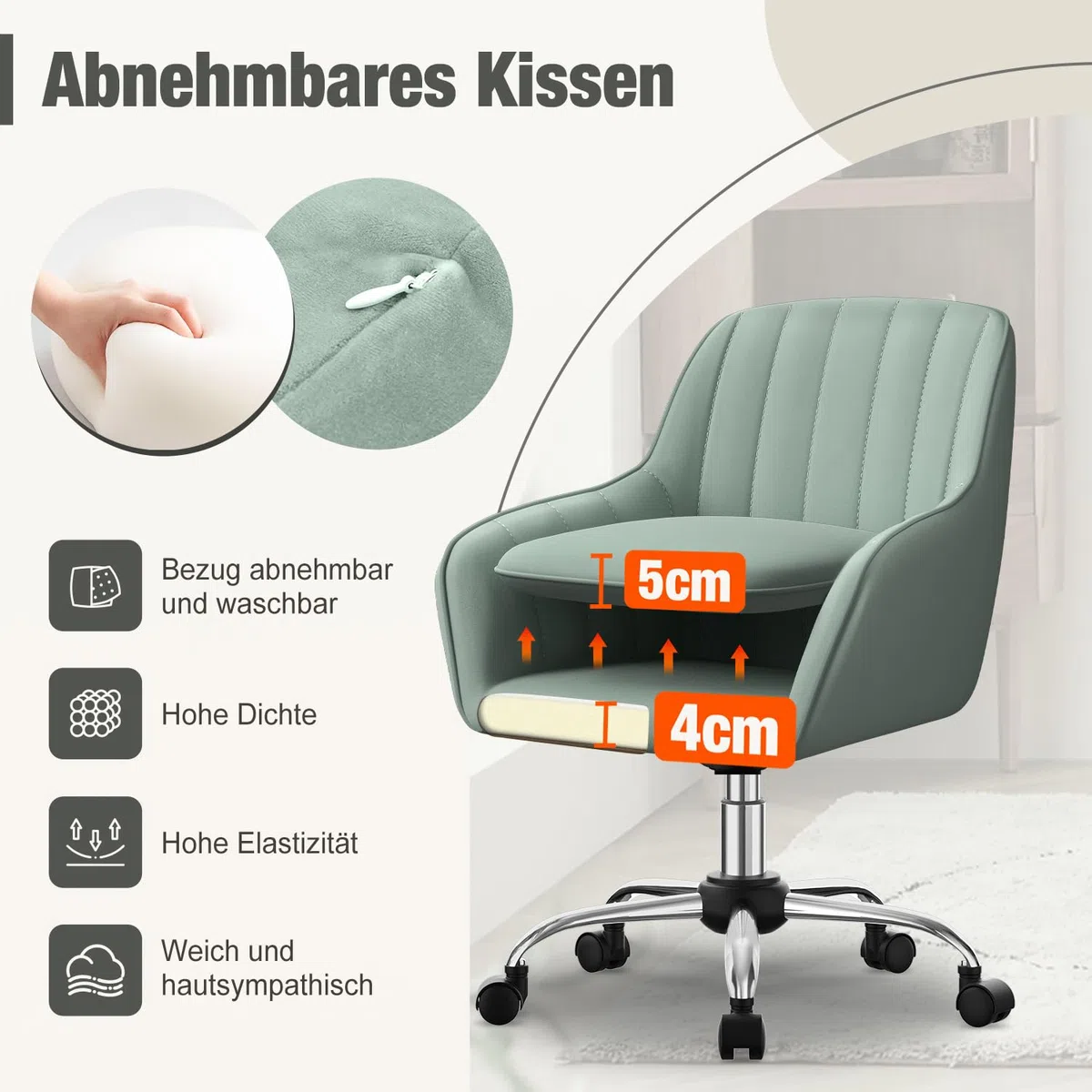 Schreibtischstuhl,Bürostuhl mit gepolstertem Samtstoff,Schminktisch Stuhl,höhenverstellbar Drehstuhl,Homeoffice Stuhl bis 150 kg belastbar,für Arbeitszimmer, Schlafzimmer, Büro,Erbsengrün