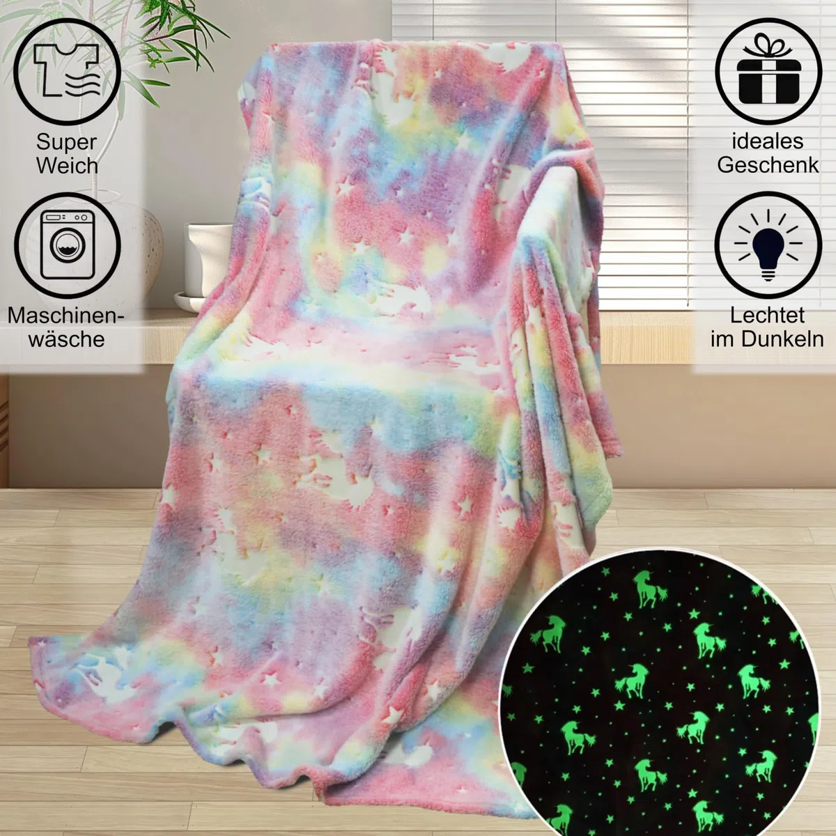 Flauschige Kinderdecke, Kuscheldecke mit leuchtenden Motiven wie Einhorn, Dino, Weltraum und Gaming - Weiche Fleecedecke für Mädchen und Jungen, (Rosa Einhorn, 150X130)