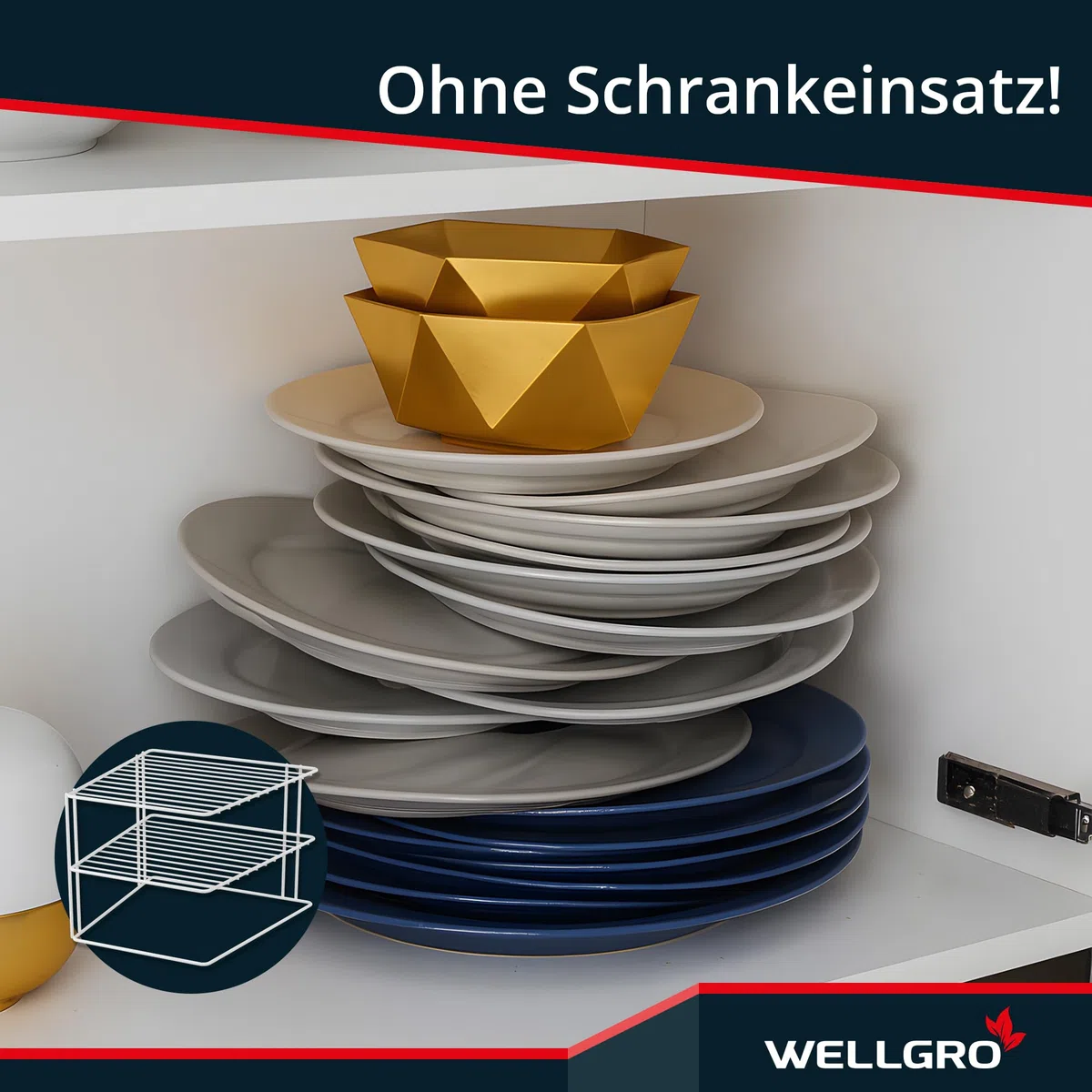 Quantio WELLGRO 2er Set Schrankregal Weiß – 2-Etagiges Metalltellerregal für Schrank und Vorrat – Platzsparender Küchenorganizer, stapelbar, 25x25x20 cm