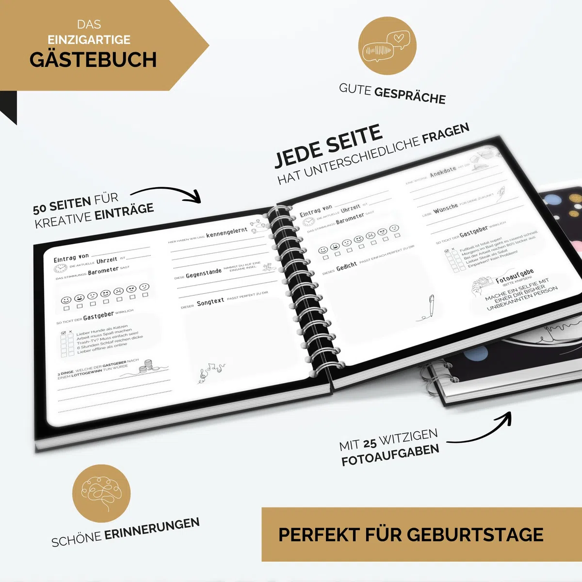 Gästebuch Geburtstag mit Fragen by snaPmee - Für 50 Einträge, jede Seite ist einzigartig - Edles Hardcover mit weißer Spiralbindung - Größe 21x21cm, 300 g/m² Papier (extra dick) inkl. 25 Fotoaufgaben