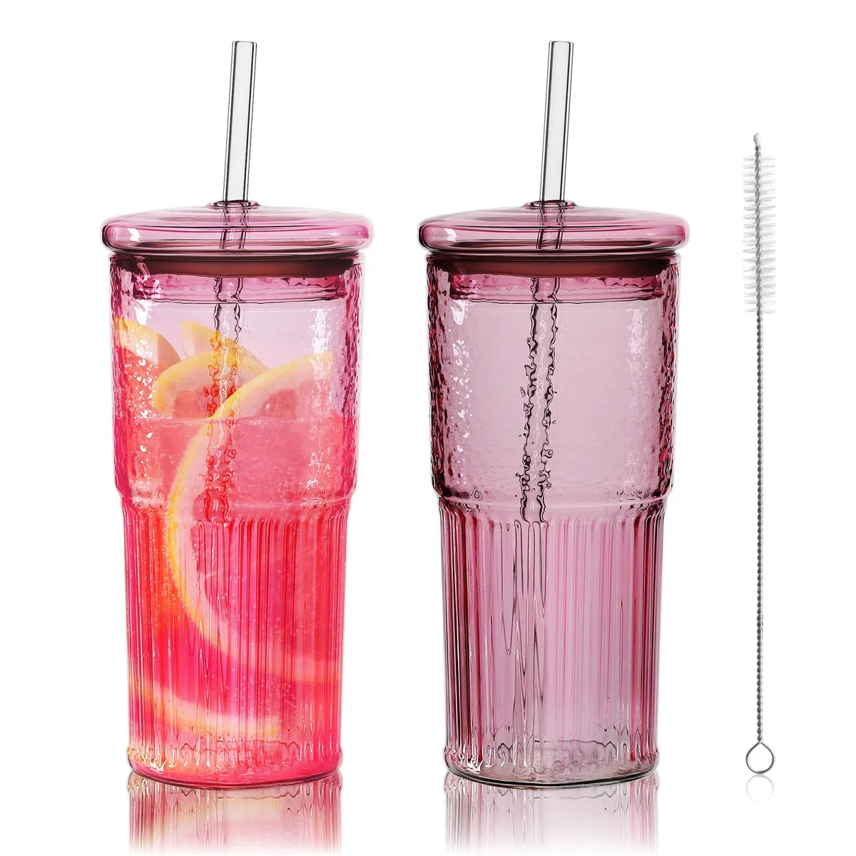 Joeyan 650ml Trinkbecher mit Deckel und Strohhalm (2er Set), Große Smoothie Flasche, Latte Macchiato & Bubble Tea Glas für Outdoor, Reise,Büro,für Matcha,Eiskaffee,Saft,Cocktail-Rosa,Borosilikatglas