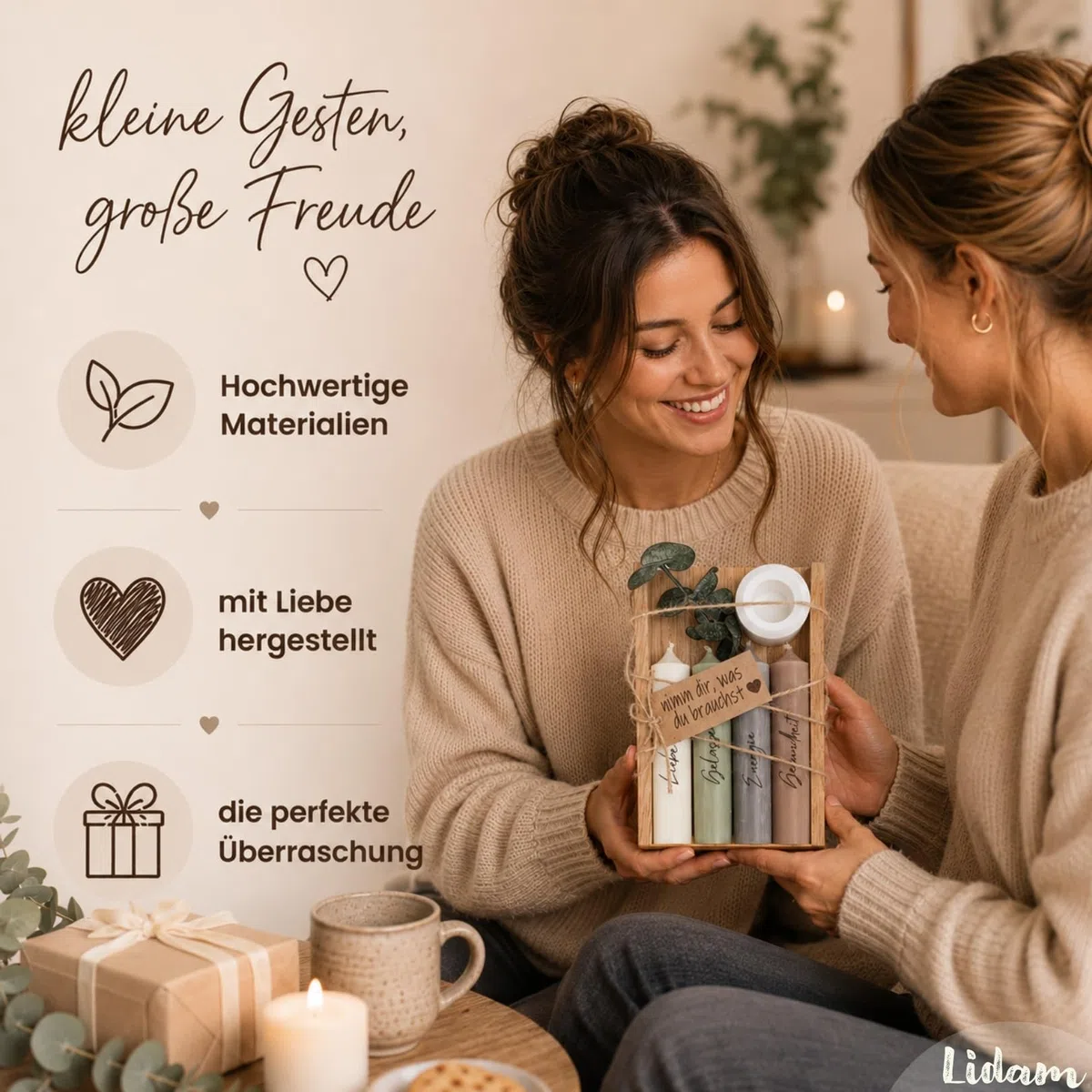 Kerzen Geschenkset Geburtstagsgeschenk für Frauen oder Freundin | nimm dir, was du brauchst | Mitbringsel | Kerzenhalter Holzkiste mit Kerzen Deko und Eukalyptus