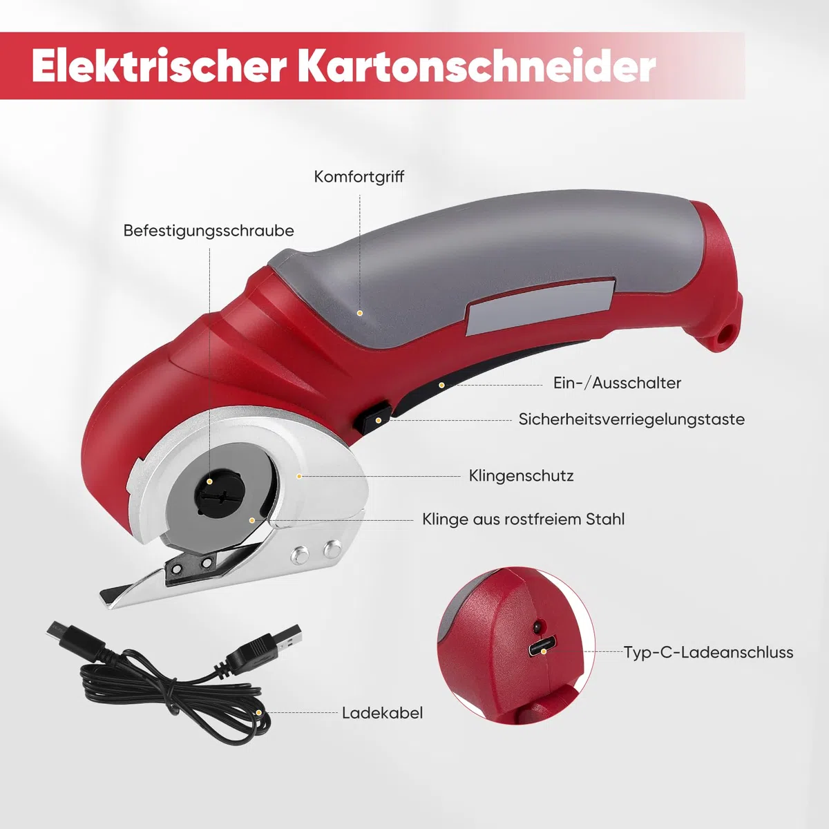 Kartonschneider Schnurlose Elektrische Schere, Kabellose Elektrische Schneidemaschine Elektrischer Kistenschneider für Papier, Pappe, Teppich, Leder, Filz, Geschenke für Männer und Frauen(Rot)