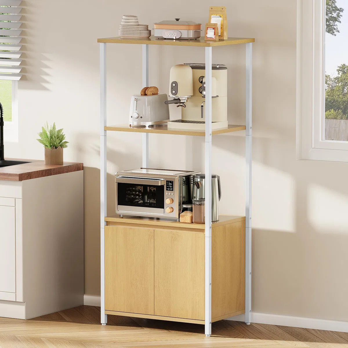 YITAHOME Küchenregale, Mikrowellenregal, Bäckergestelle für Küchen mit Stauraum, Kaffeebar, 3-stöckiger Snackständer mit Schrank, 56 x 36 x 121 cm, gelbe Eichenbretter, weiße Eisenrohre