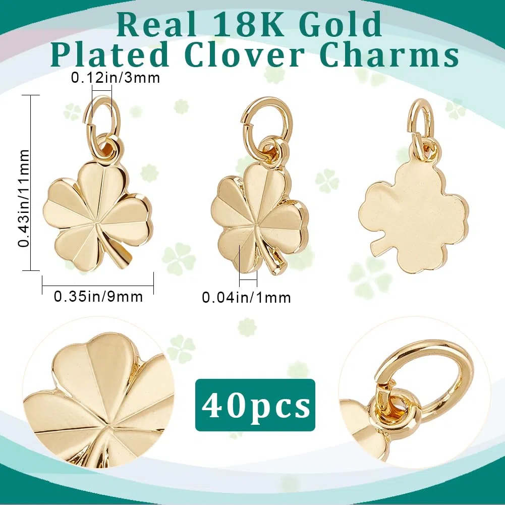 Beebeecraft 1 Box 40 Stück Vierblättriges Kleeblatt Anhänger 18 Karat Vergoldet Glückskleeblatt Charms Aus Gold Mit Springendem Ring Für Armbänder Halsketten DIY