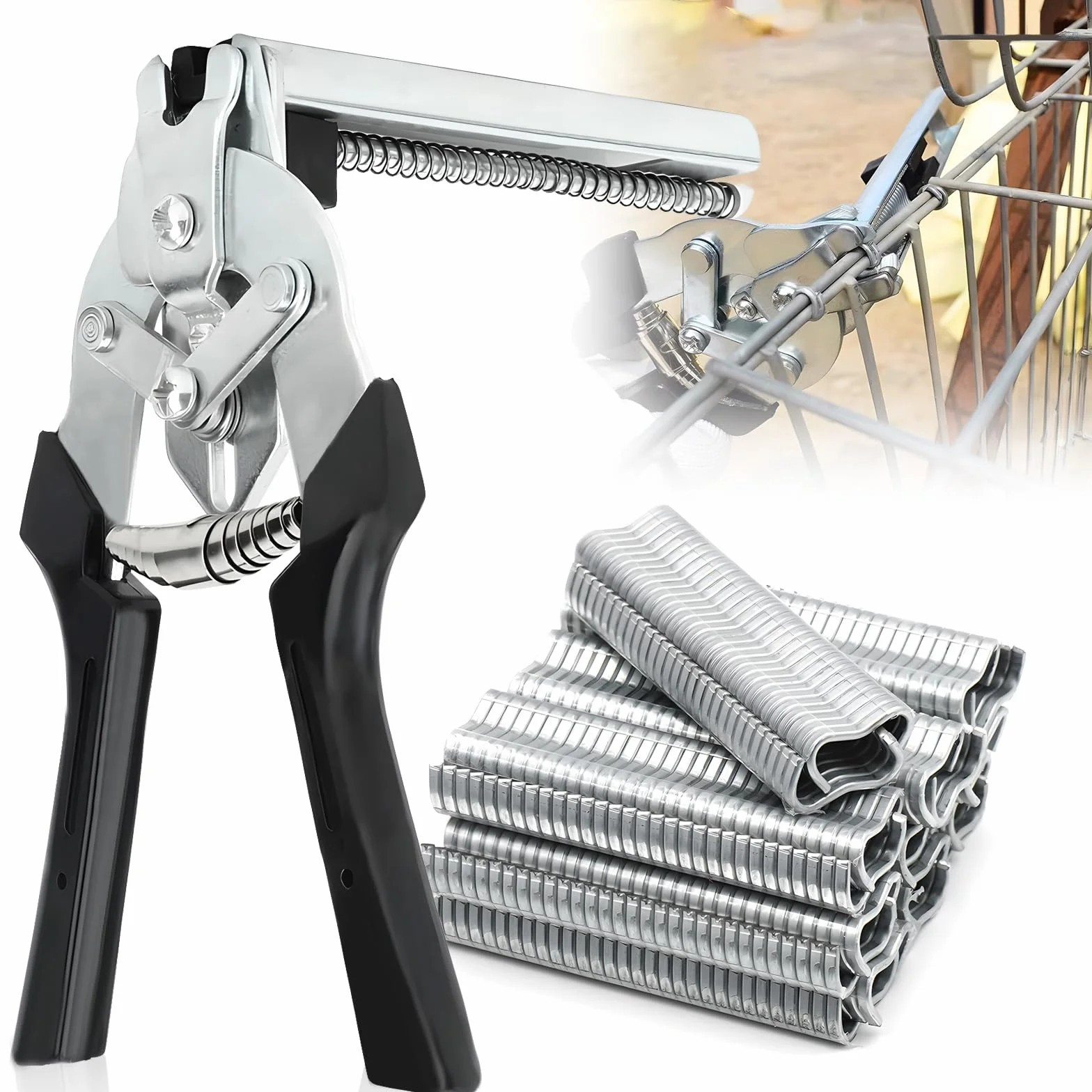 Wurstclipper Zange, Zaunzange mit 600 M-Clips, Hog Ringzange, Hog Ring Pliers, Nagelringzange, Drahtbefestigungszange, Hog Ring Zange