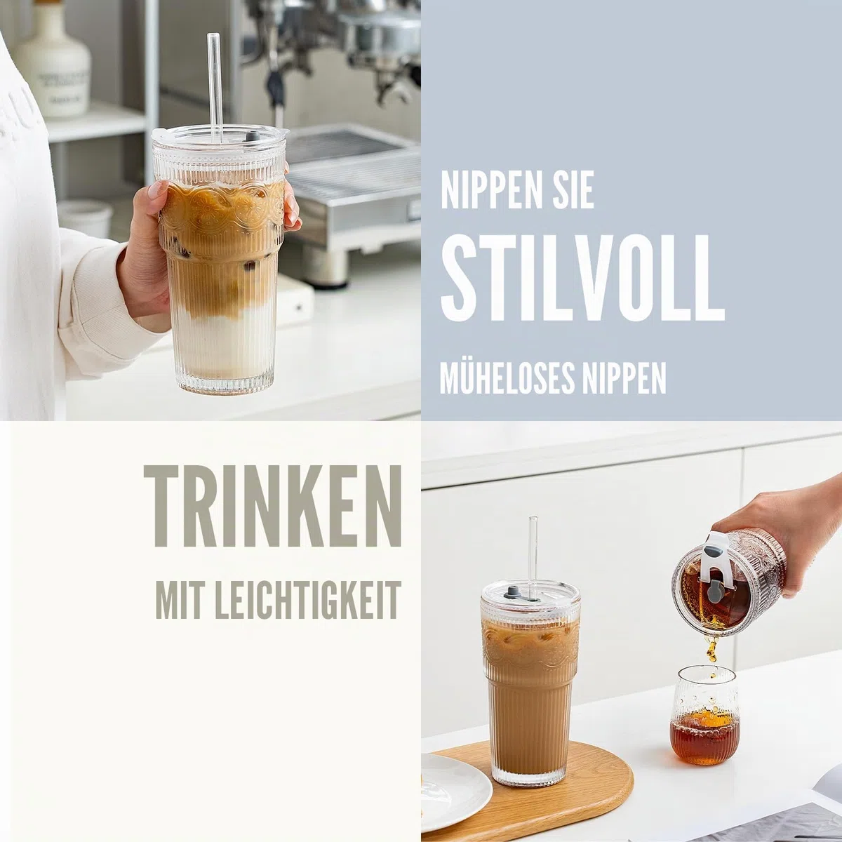 SoulTimes 600 ml Glasbecher mit Deckel und Glasstrohhalm, 2 Stück – Wiederverwendbare Trinkgläser für Eiskaffee, Wasser, Smoothies, Milch, Cocktails & Matcha – Perfekt für Alltag und Reisen