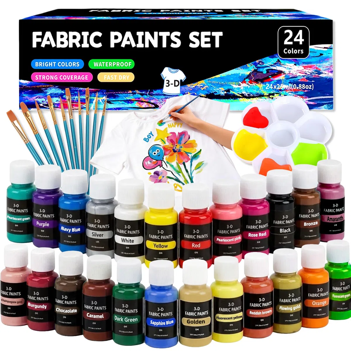 Textilfarbe, 24x25ml Textilfarbe Waschmaschinenfest, 3D Stofffarben Waschfest, Fabric Paint mit 10 Pinseln für Klamotten Textilfarben für T-Shirt Schuhe Jeans Tasche Kleidung Glas Holz