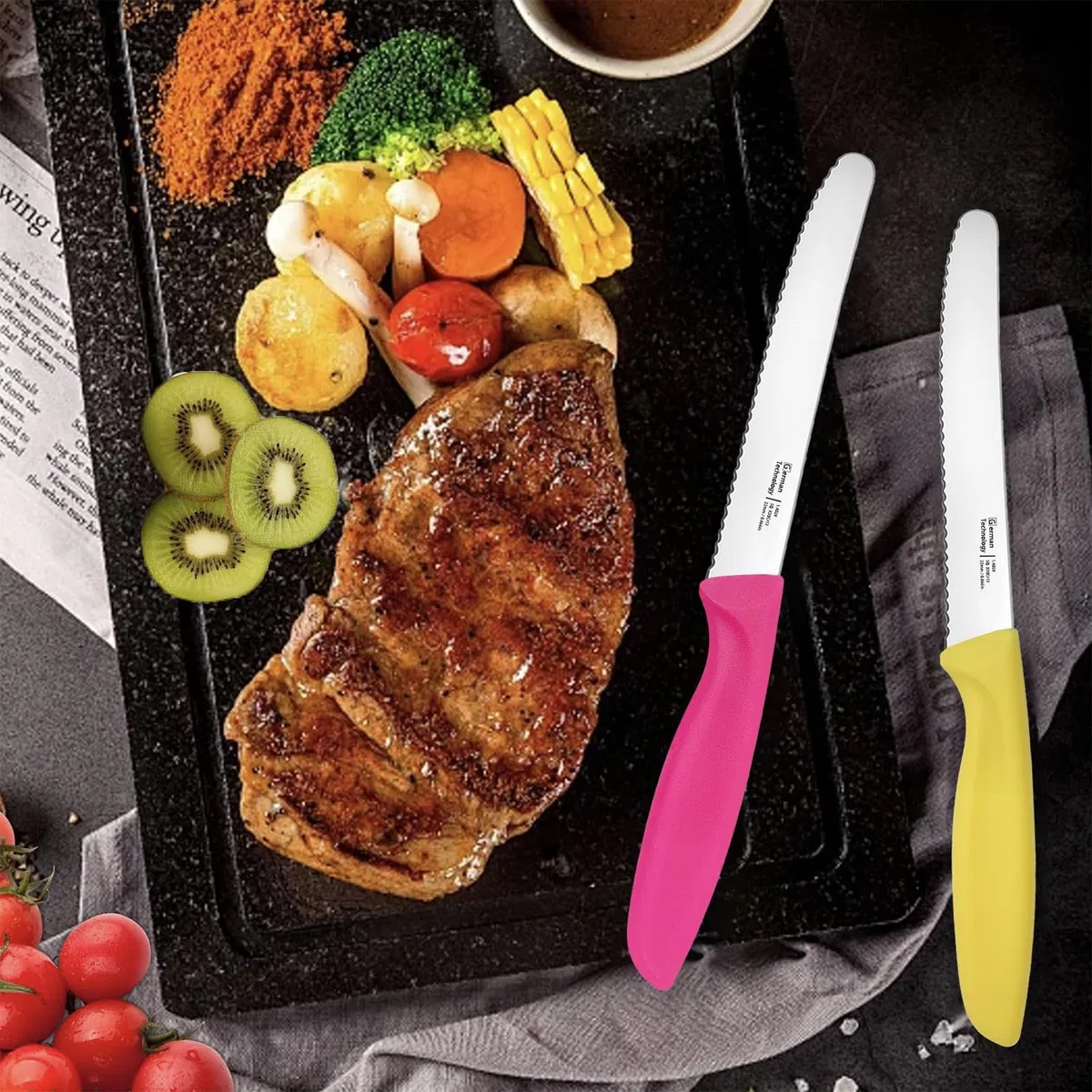 Frühstücksmesser Wellenschliff, Brötchenmesser, Tomatenmesser, Tafelmesser & Steakmesser 12-teilig, Universalmesser für Küche und Brotzeit, angespritzte Griffe, spülmaschinenfest(Mehrfarbig)