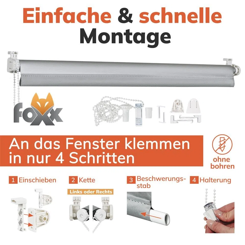 FOXX Thermo Rollo [FÜR Fenster OHNE Bohren] 90x140 cm Grau/Innenrollo Verdunklungsrollo als Sichtschutz/Klemmfix Montage/Für Schlafzimmer, Wohnzimmer, Küche, Büro, Kinderzimmer