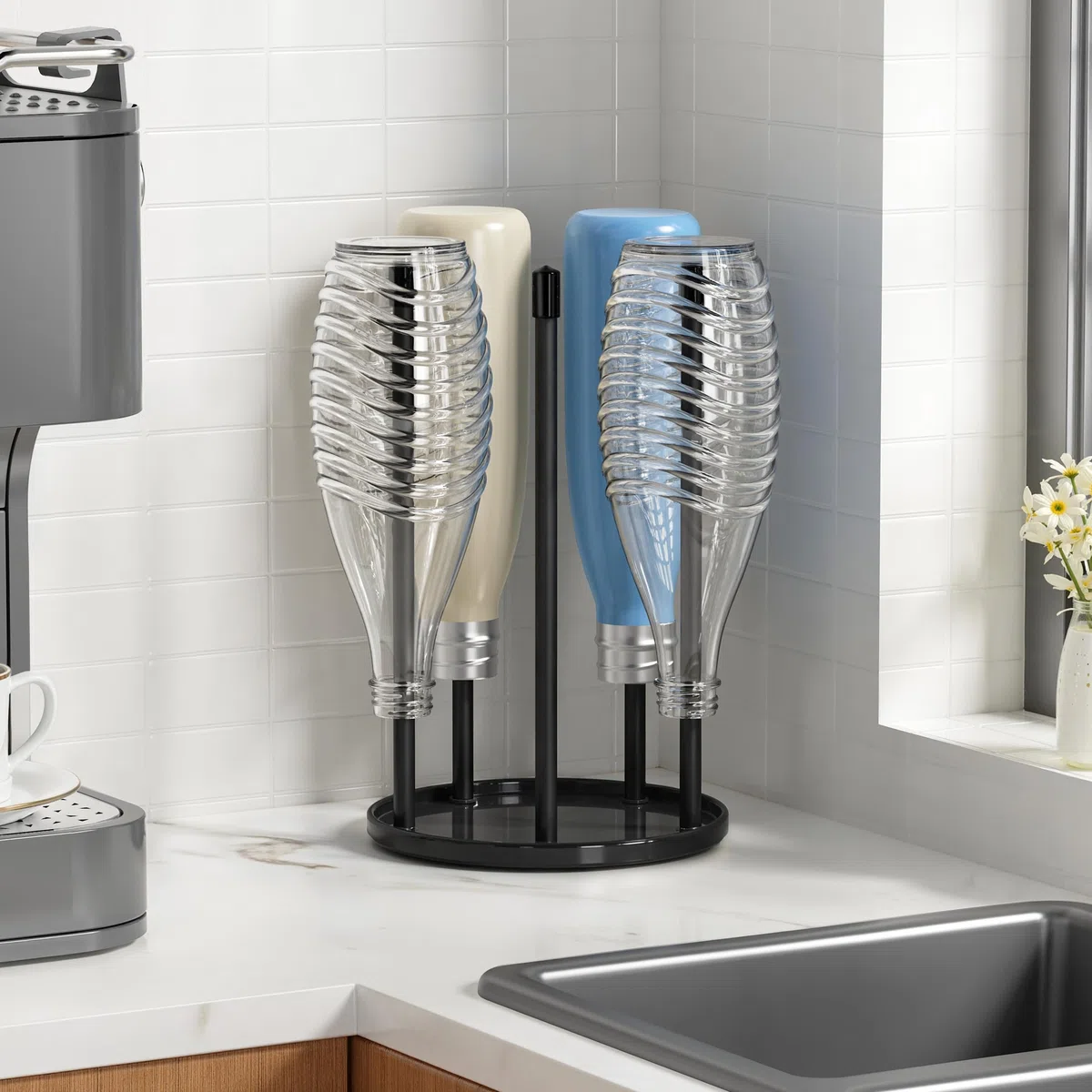 Flaschenhalter für SodaStream - Premium Abtropfhalter aus Keramik Abtropfständer mit Abtropfwanne für 5 SodaStream Crystal | Emil Flaschen Schwarz