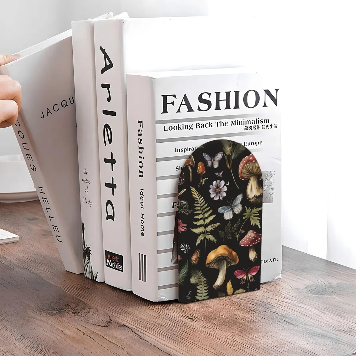 Buchstützen mit Pilz-Schmetterlingen, 1 Paar, Waldblumenblätter, Holz-Buchstützen für Regale, robuster Bücherregalhalter mit rutschfester Unterseite, Buchstopper für Zuhause, Büro, Bibliothek