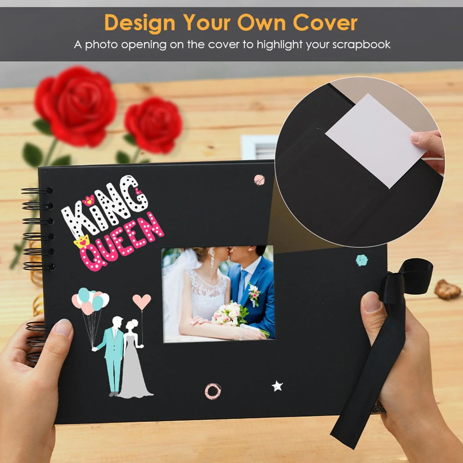 Fotoalbum zum Selbstgestalten 30x21 cm, Fotobuch zum Selbstgestalten mit 80 Schwarze Seiten, Platz für 160 Fotos, DIY Groß Zum Einkleben Scrapbook Set für Jahrestag Valentinstag mit Protektkegeln