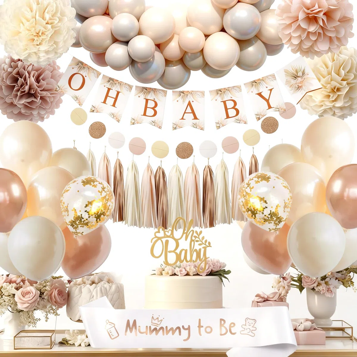 Babyparty Deko Mädchen Junge, Baby Shower Deko, Beige Nude Weiß Baby Party Dekoration Neutral, Oh Baby Girlande, Luftballons Girlande für Gender Reveal Boho Boy or Girl Ballon Deko