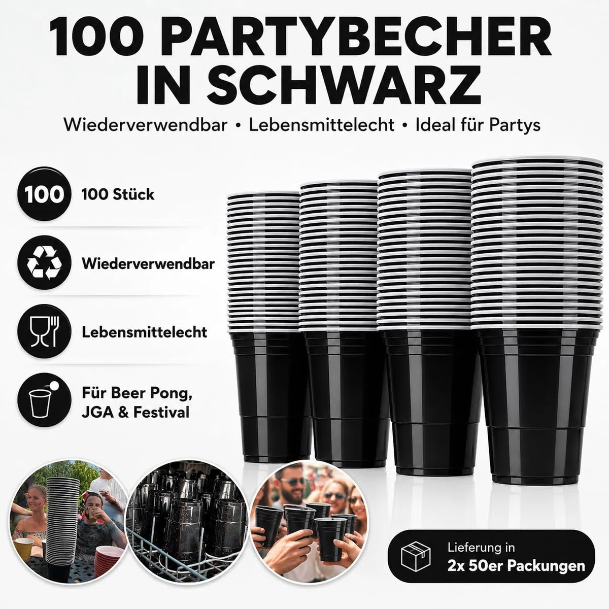 100 Partybecher schwarz | Wiederverwendbare Plastikbecher 12 cm | Lebensmittelechte Becher im 2x 50er Pack | Beerpong Becher für Festival, JGA, Gartenparty, Geburtstag & Trinkspiele