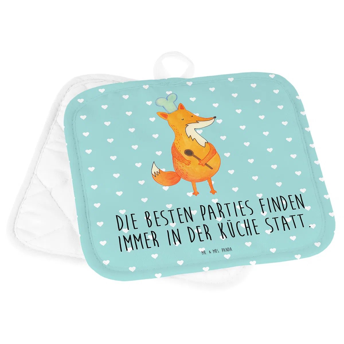 Mr. & Mrs. Panda Topfuntersetzer Fuchs Koch - Geschenk, Köche, Küche Spruch, Topflappen mit Spruch, Kochen, Topflappenset, Ofenhandschuh, Spruch