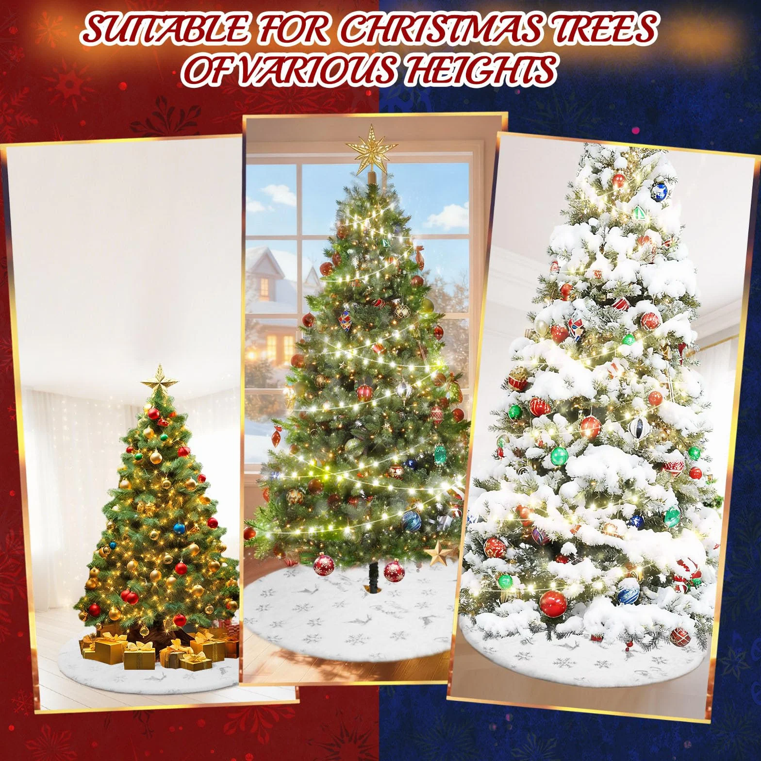 Weihnachtsbaumdecke Rund, 115cm Weihnachtsbaumrock mit Silber Elch Schneeflocke Pailletten, Weihnachtsbaum Teppich Weiß Christbaumdecke Rund, Christbaumständer Decke für Weihnachtsdeko (Silber)