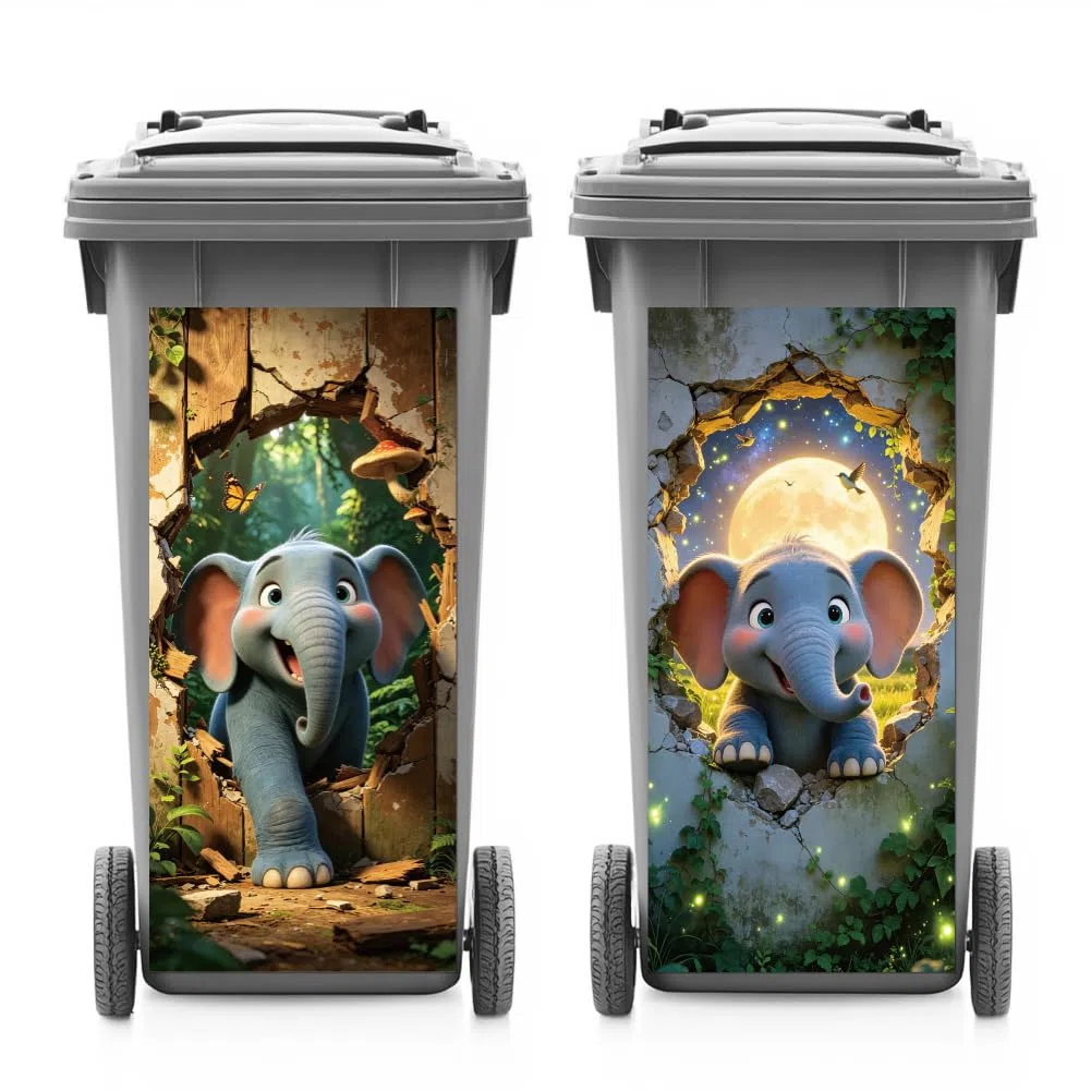 ANATTASOUL Mülleimer Aufkleber, 2 Blätter Mülltonnen Aufkleber 38×82cm Zerrissener Elefant Selbstklebend Aufkleber für Mülltonnen Mülleimer Aufkleber für Behälter, Kühlschrank
