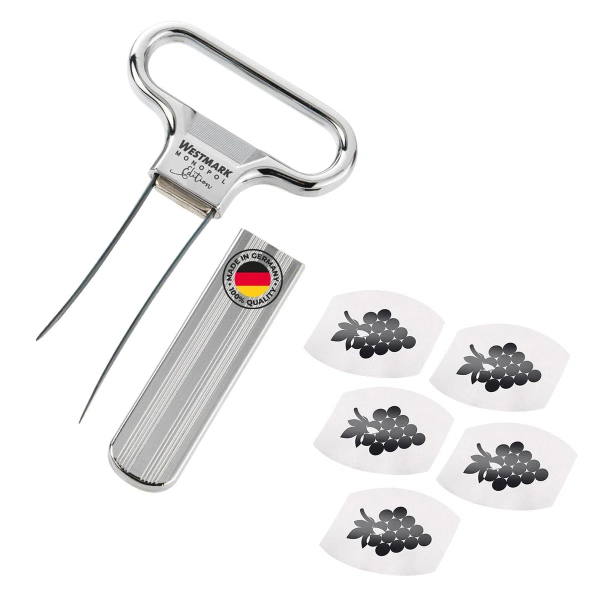 Westmark Wein-Set, 6tlg., 1 Ent-/Verkorker mit Kapselheber Ah-So, Monopol Edition + 5 Weinausgießer Safety, Stahl/Zink-Druckguss/PET, Verchromt/Silber/Schwarz, 628533E6