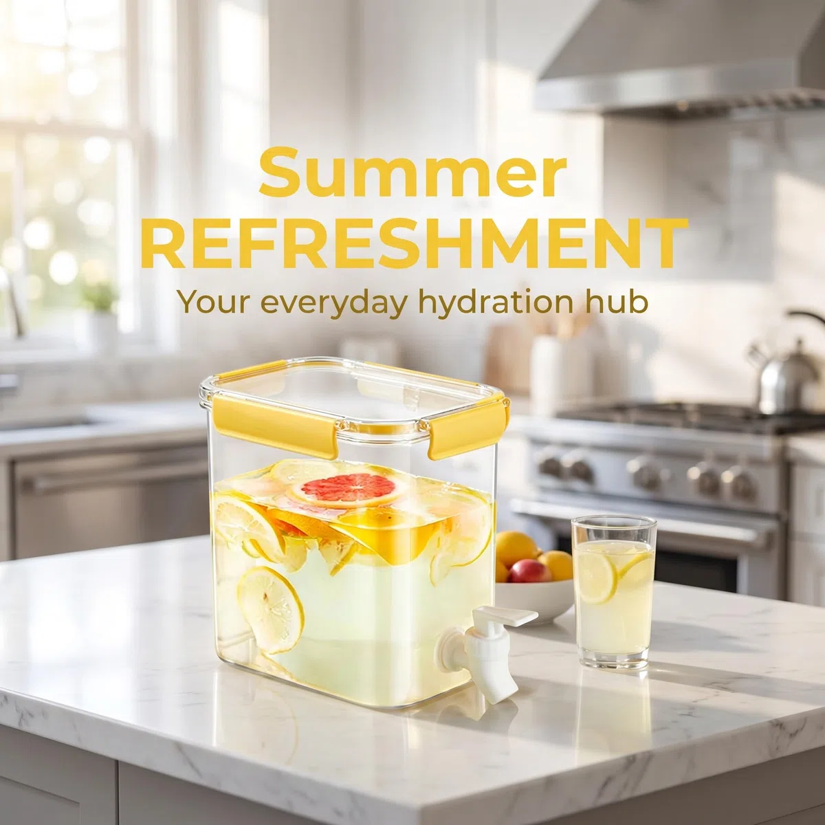 3.5 L Wasserspender mit Zapfhahn, Kühlschrank Getränkespender mit Deckel, BPA-Frei Wasserbehälter für Saft, Limonade, Eistee, Milch, Cocktails und Partygetränke, Limonadenspender (Gelb)