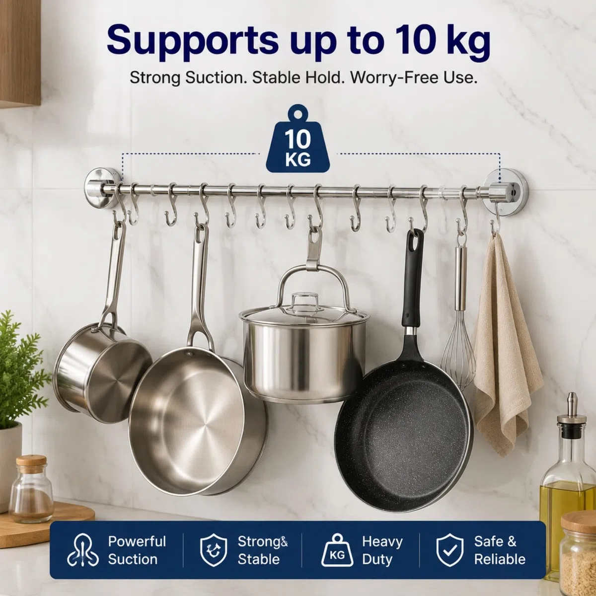 Küchenhakenleiste mit 12 Haken S, Saugnapfmontage, Wandorganizer OHNE BOHREN, Traglast 10 kg, für Töpfe und Zubehör, Edelstahl silber (galvanische Beschichtung)