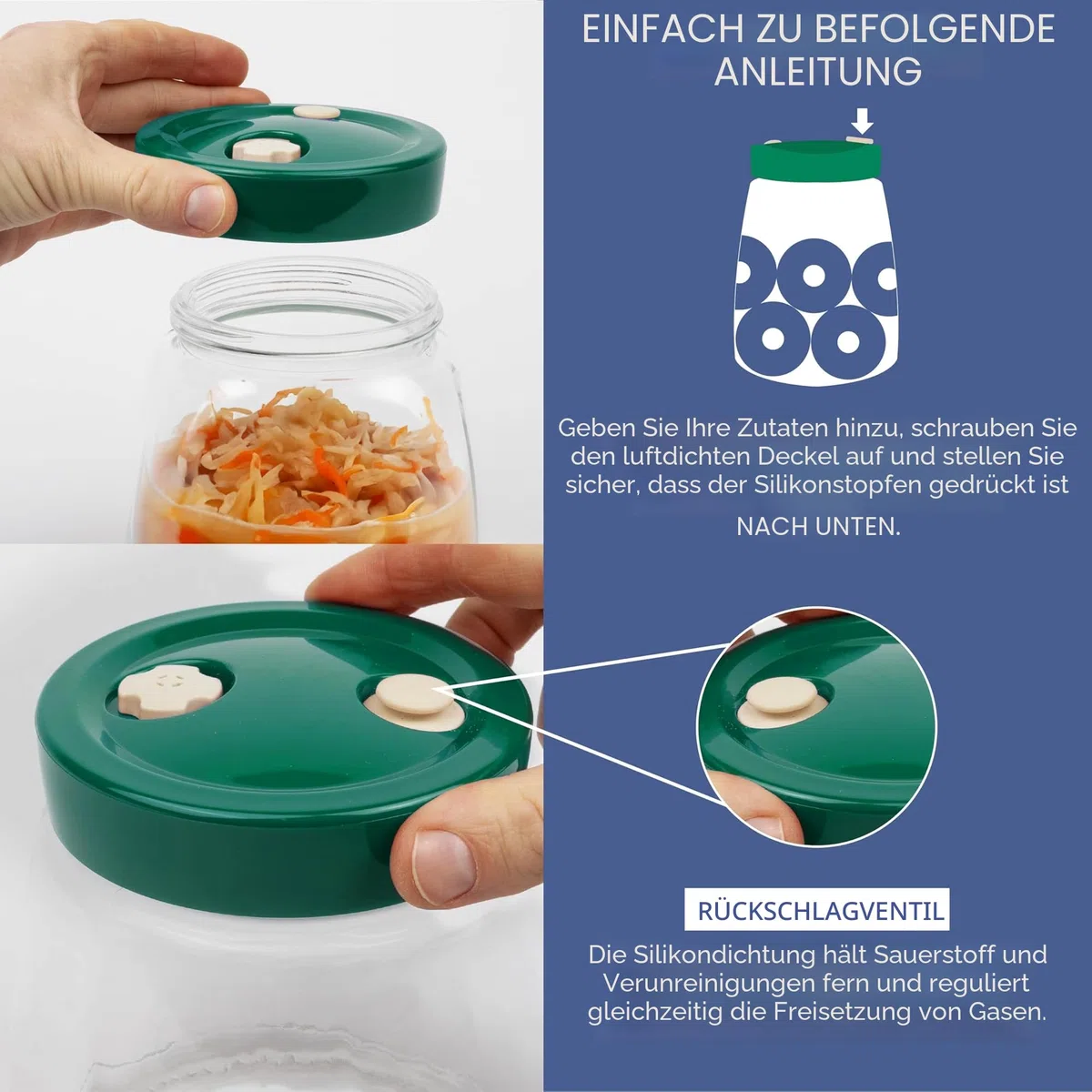 HEFTMAN Gärglas mit Entlüftungsventil mit 1-Wege-Entlüftung - 1.4L 2er-Pack Lebensmittelecht Fermentierglas für Kefir, Kimchi, Sauerkraut, Sauerteigstarter, Overnight Oats - 2 Stück (Grün)