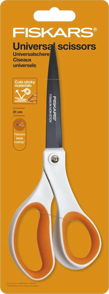 Fiskars Antihaft-Universalschere, Länge: 21 cm, Titan-Beschichtung/Rostfreie Stahl-Klinge/Kunststoff-Griffe, Weiß/Orange, 1004721
