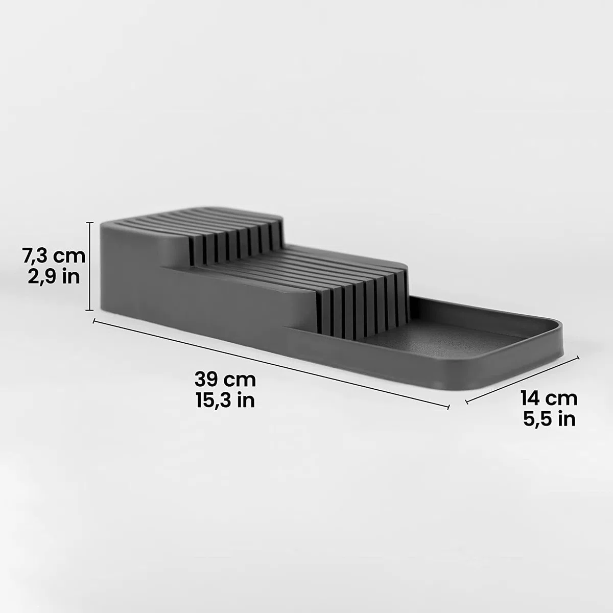 Messerorganizer für 18 Messer – zweistufiger Messerblock für Küchenschublade oder freistehend, rutschfest, platzsparend, dunkelgrau (39 x 14 cm)
