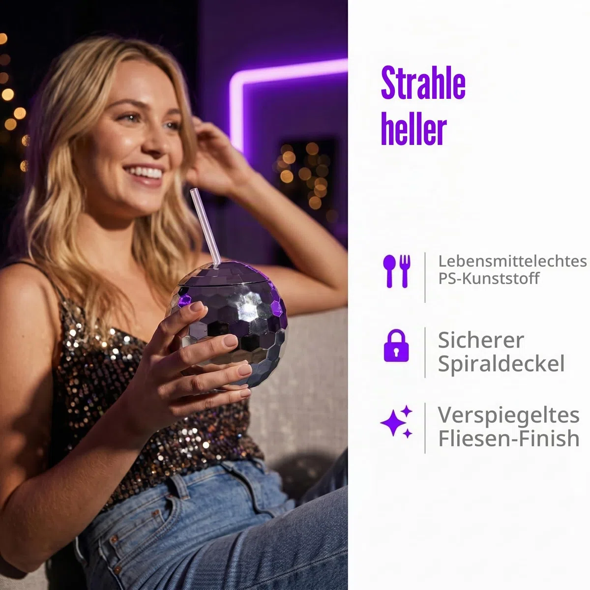 Nicunom 6 Stück 540 ml Discokugelbecher mit Deckel und Trinkhalmen Wiederverwendbar, silberfarben, Discokugel-Becher, Cocktailbecher, glitzernd, Disco-Bar, Party, Wein, Trinken, Tee, Sirup, Flasche